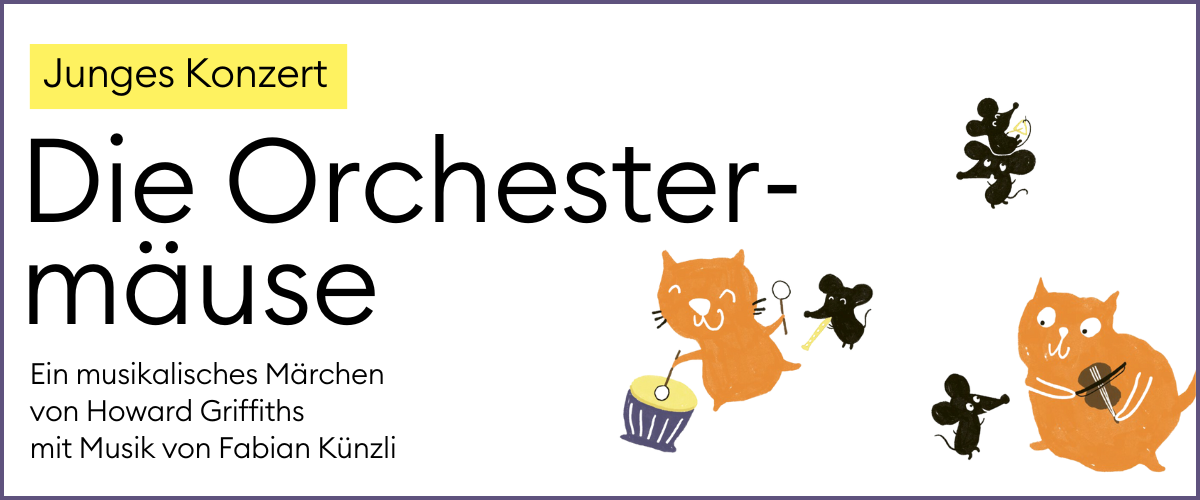Der Stücktitel mit einer gezeichneten Illustration von musizierenden Katzen und Mäusen