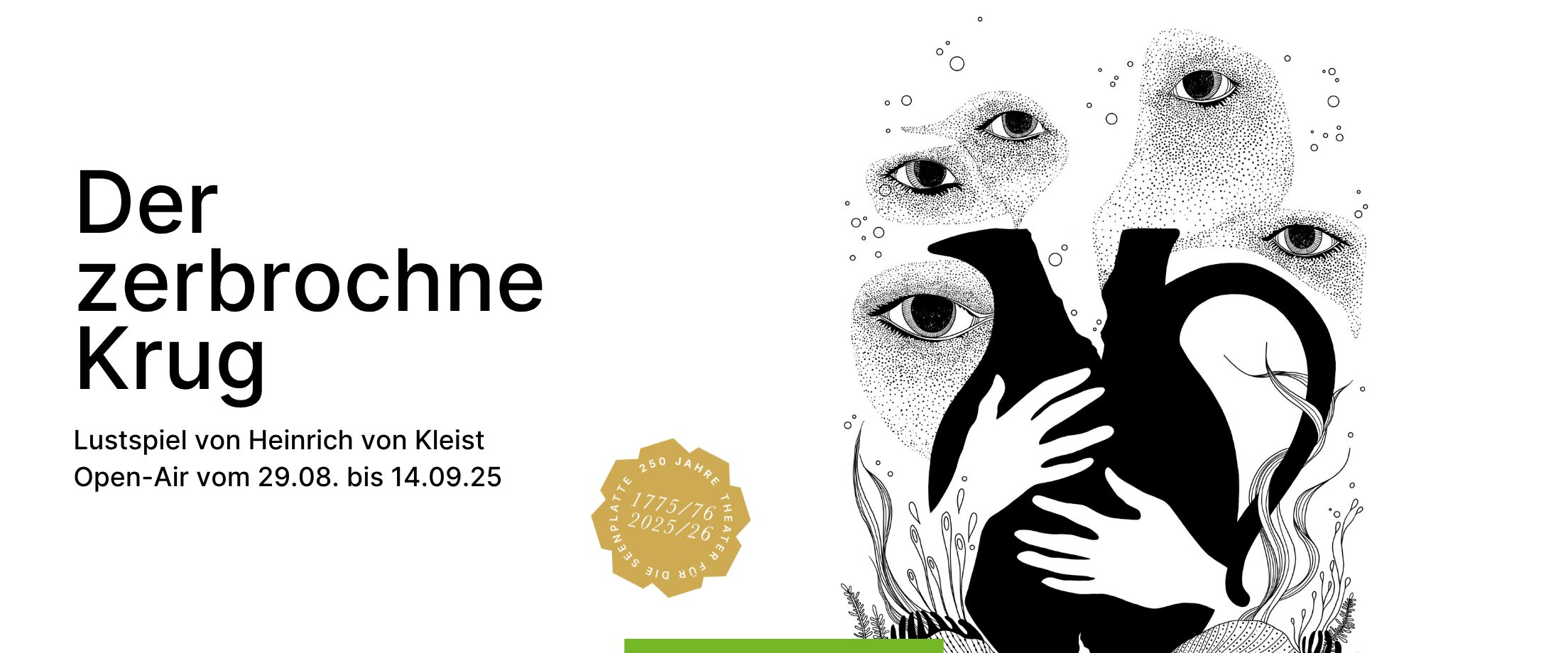Der Stücktitel und die Illustration eines zerbrochenen Krugs unter Wasser