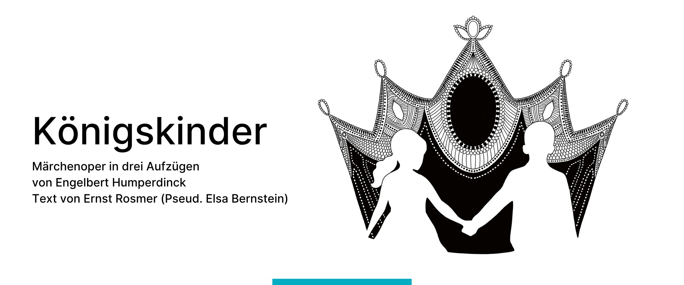 Der Stücktitel und eine abstrakte Illustration von einer Krone mit zwei Kindern darin in schwarz-weiß