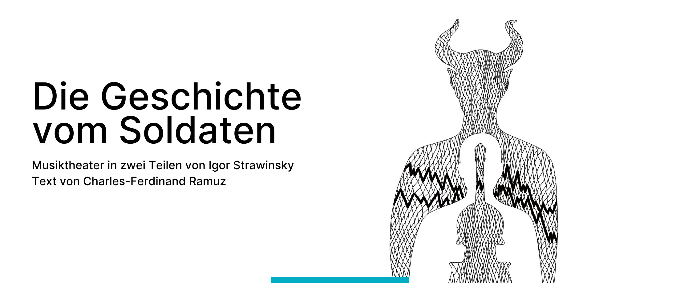 Der Stücktitel und eine abstrakte Illustration von Teufel, Mensch und Gitarre in schwarz-weiß